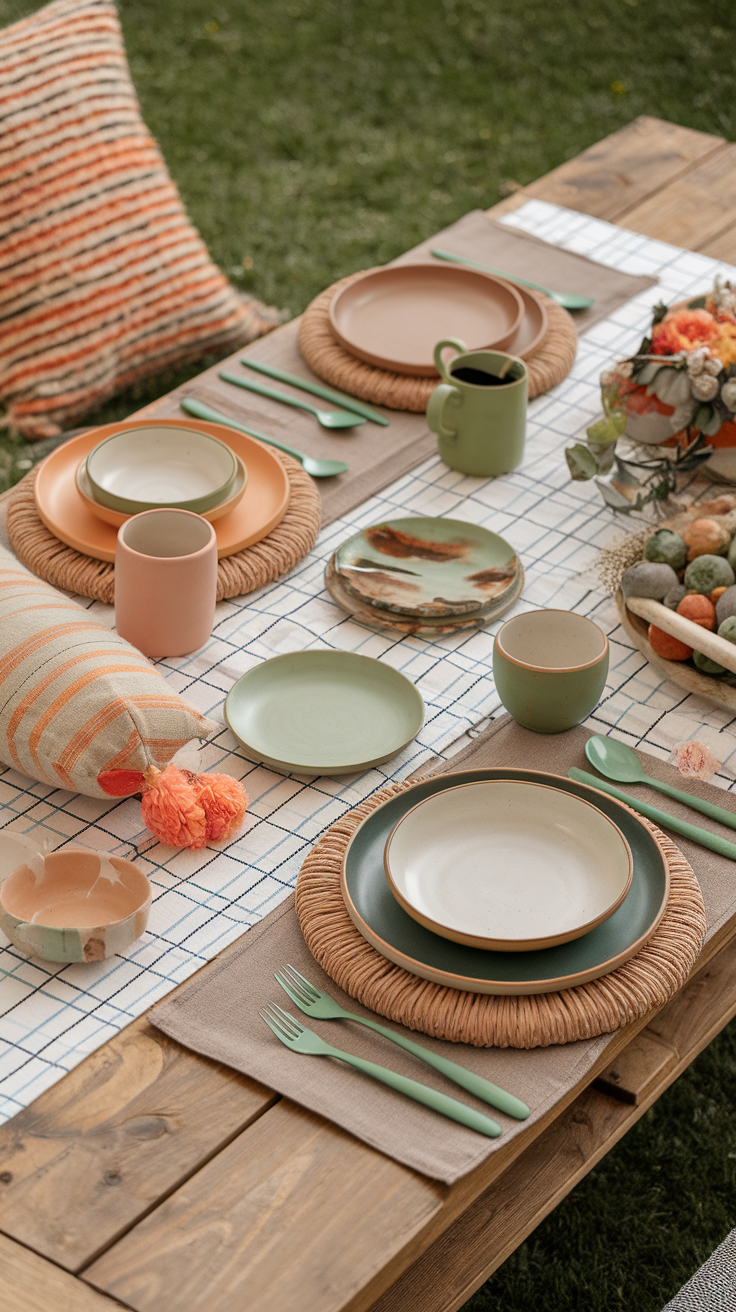 A beautifully set garden table featuring colorful dishes and a relaxed boho aesthetic.