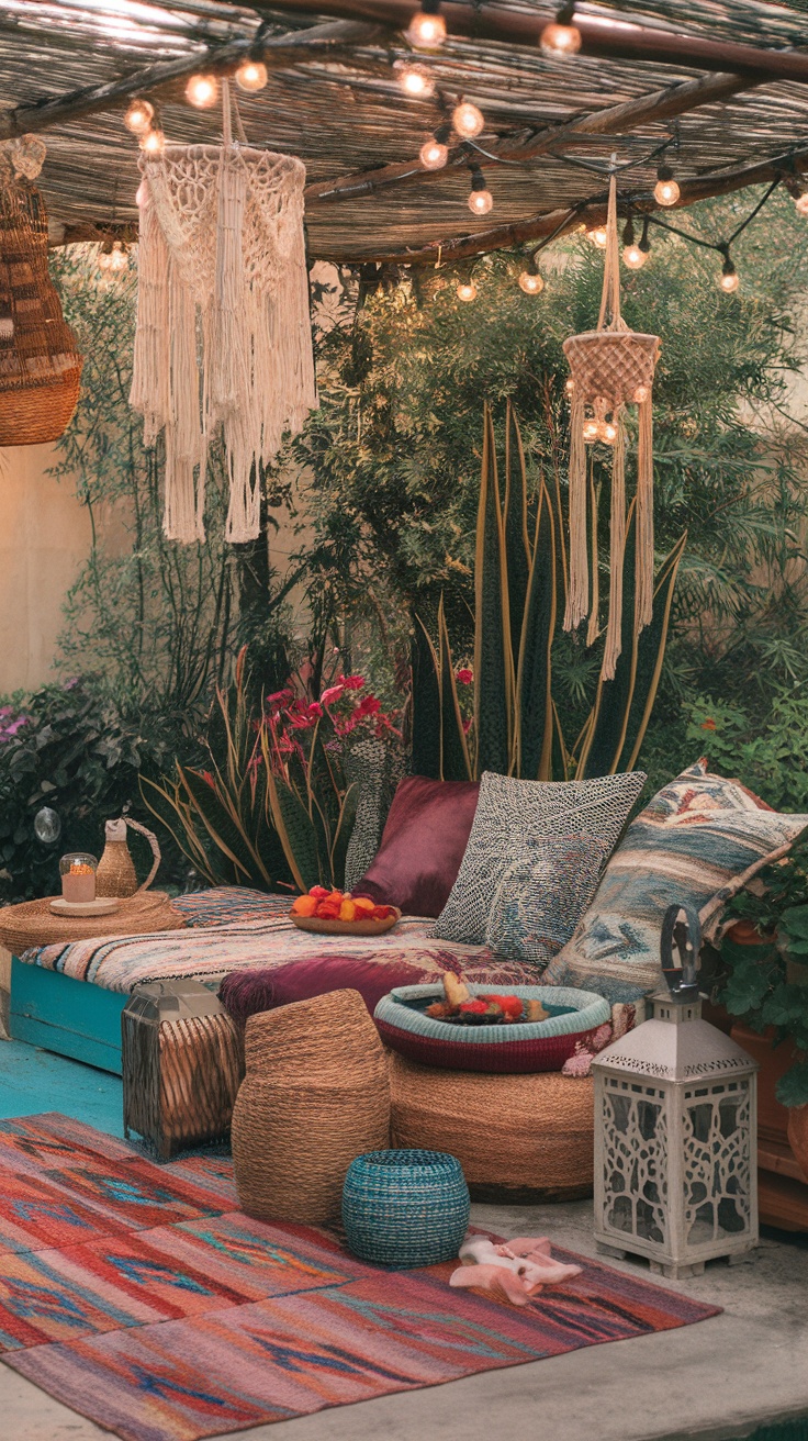 A cozy boho-inspired side yard featuring colorful textiles, cushions, and warm string lights