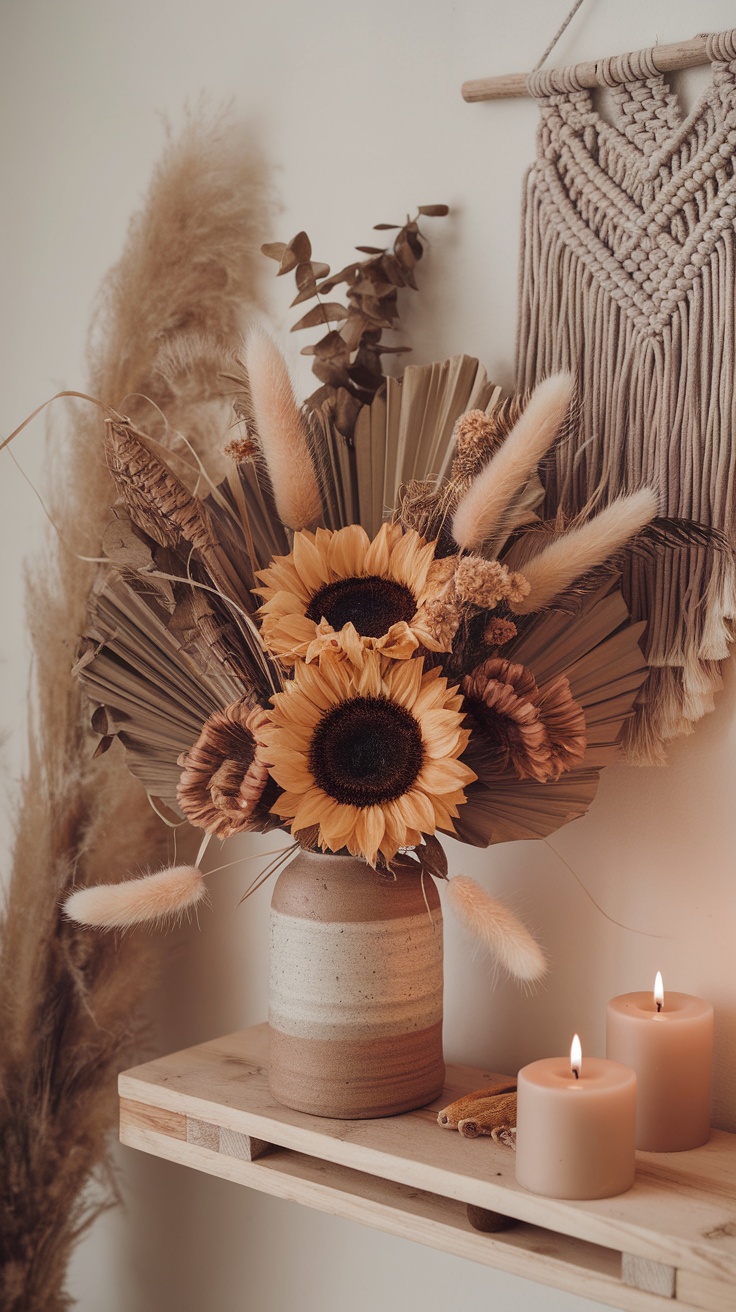 A boho chic dried sunflower bouquet in a vase with candles and macrame decor.