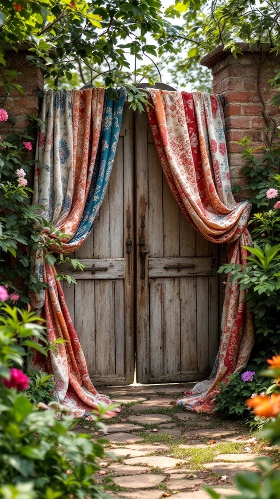 A rustic wooden garden gate draped with colorful fabric curtains, surrounded by lush greenery and flowers.