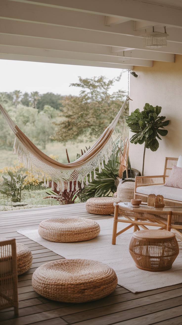 A cozy boho chic patio featuring a hammock, woven poufs, and rattan furniture surrounded by greenery.