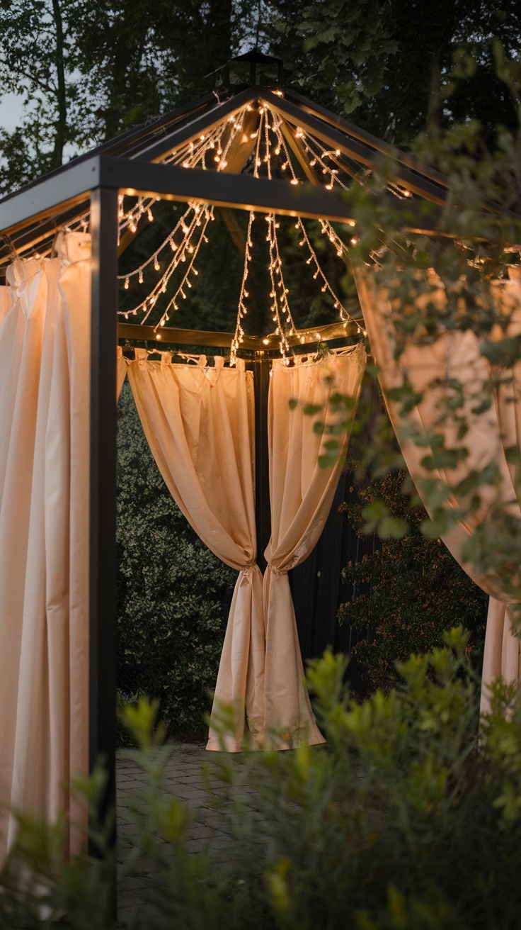 A cozy gazebo with string lights and flowy curtains, creating a warm and inviting outdoor lounge.