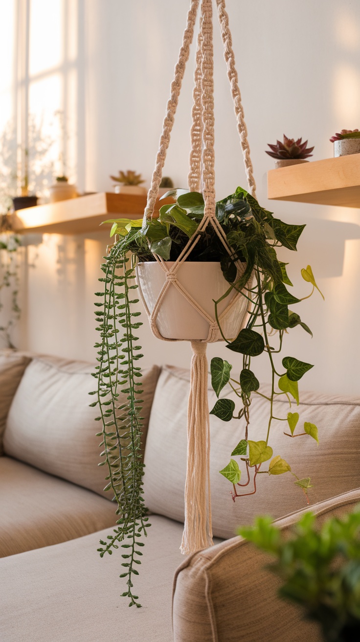 A macramé hanging planter with lush green plants in a cozy living room setting.