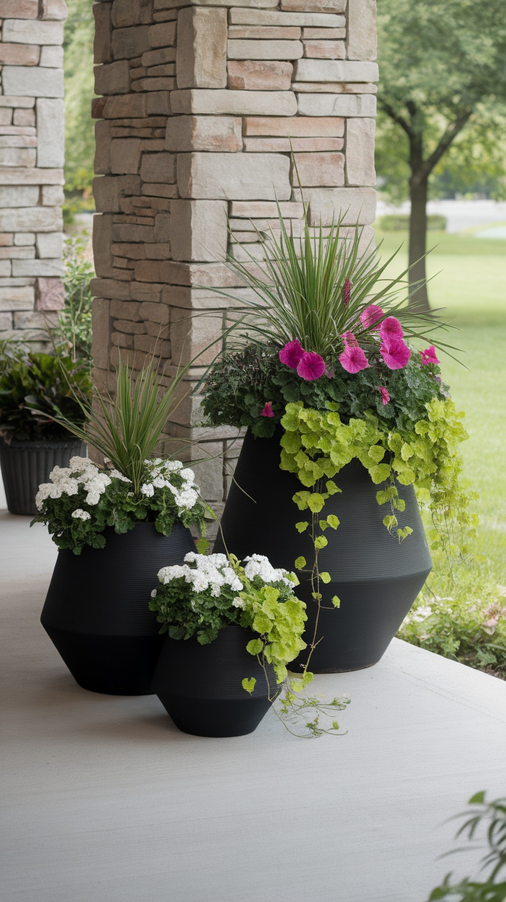 Three modern black flower pots filled with colorful flowers on a porch