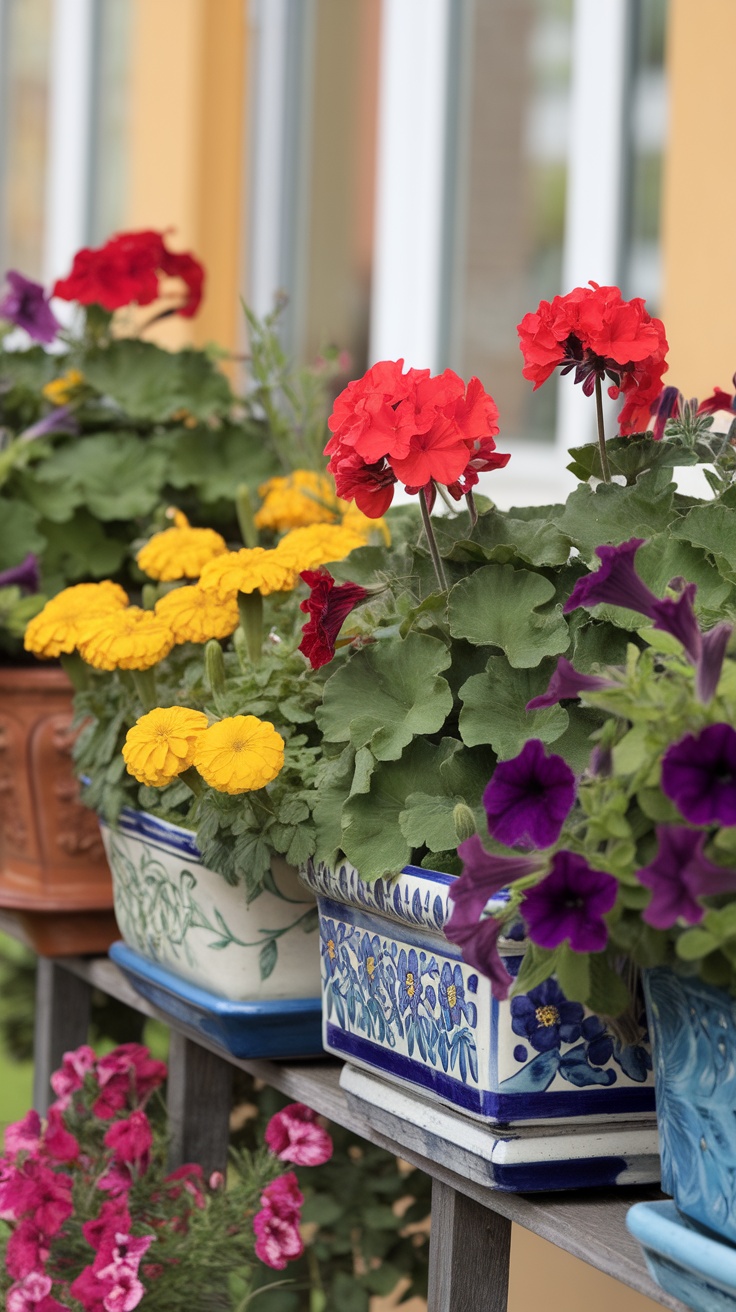 A balcony garden with vibrant flowers including marigolds, geraniums, and petunias in decorative pots.