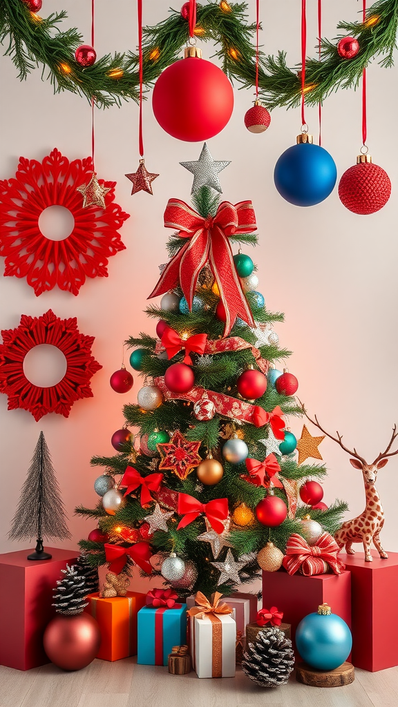 A vibrant holiday scene featuring a decorated Christmas tree with red, blue, and gold ornaments, surrounded by colorful presents and festive decor.