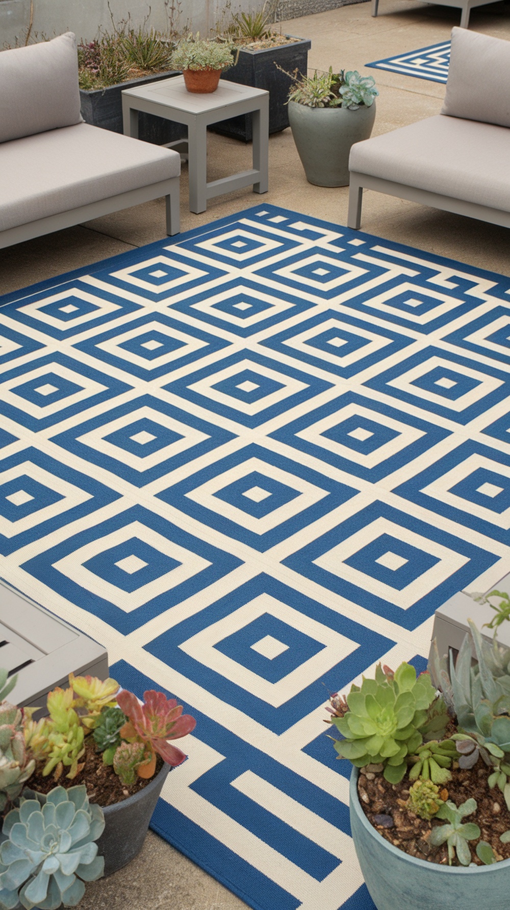 A geometric blue and cream patio rug surrounded by succulents and modern outdoor furniture.