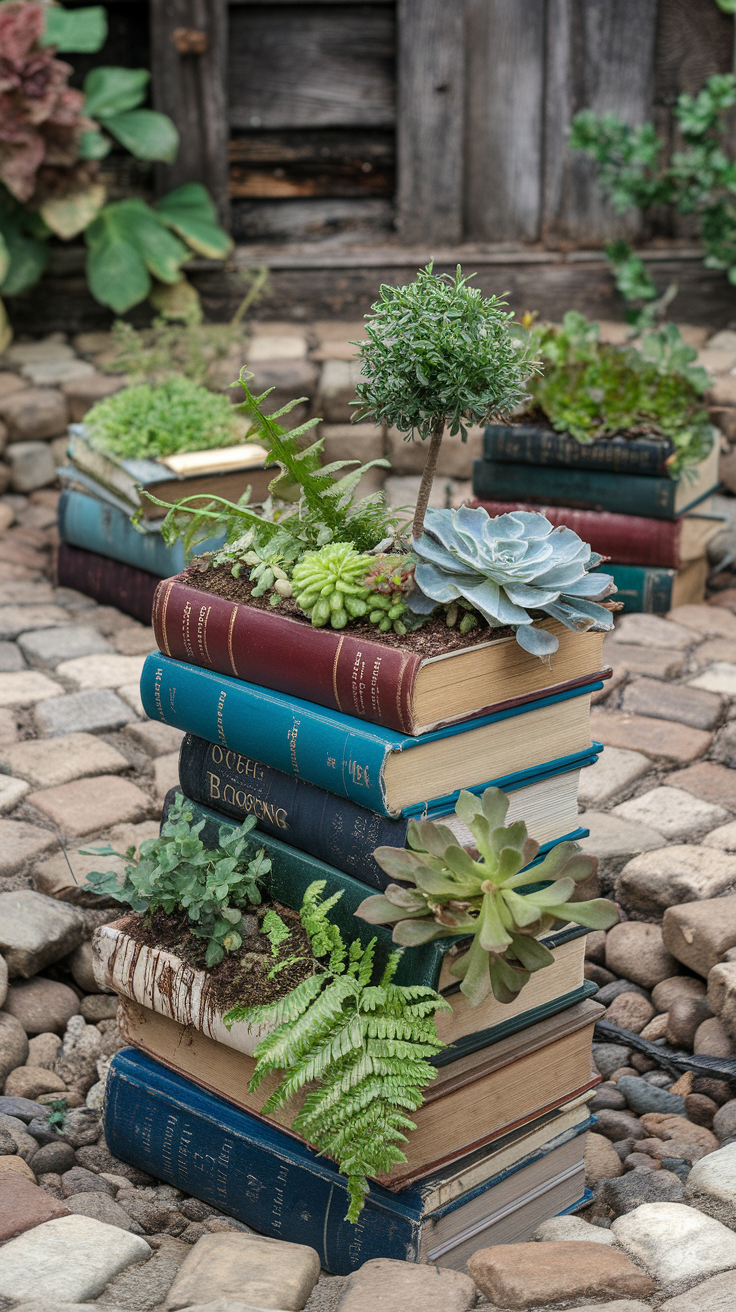 A creative arrangement of old books repurposed as planters with various plants growing from them.