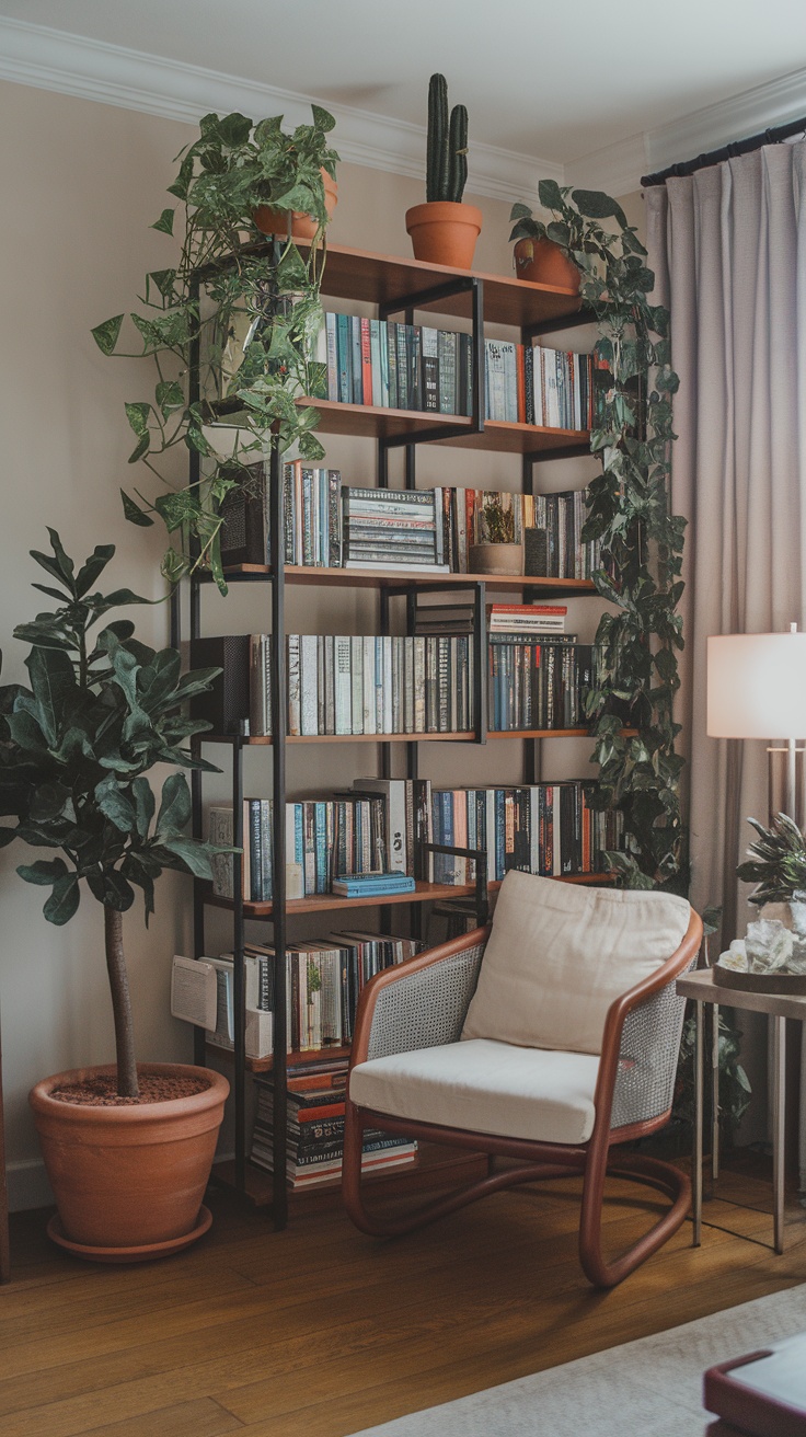 A cozy living room corner with a bookshelf filled with books and potted plants, including a fiddle leaf fig and trailing ivy, next to a comfortable chair.