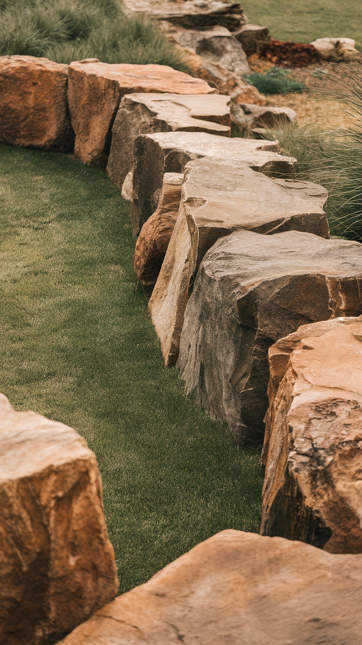 A natural landscape featuring a boulder border around a green lawn.