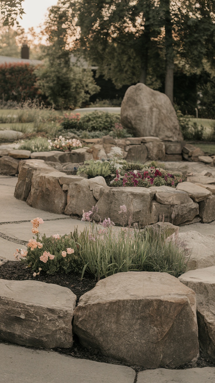 A beautiful garden featuring boulders as natural borders around colorful flower beds.