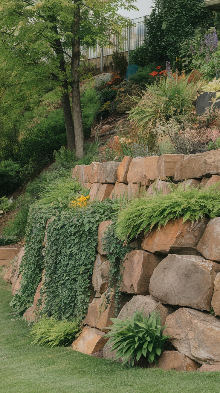 A landscaped area featuring a boulder retaining wall with lush greenery and colorful plants.