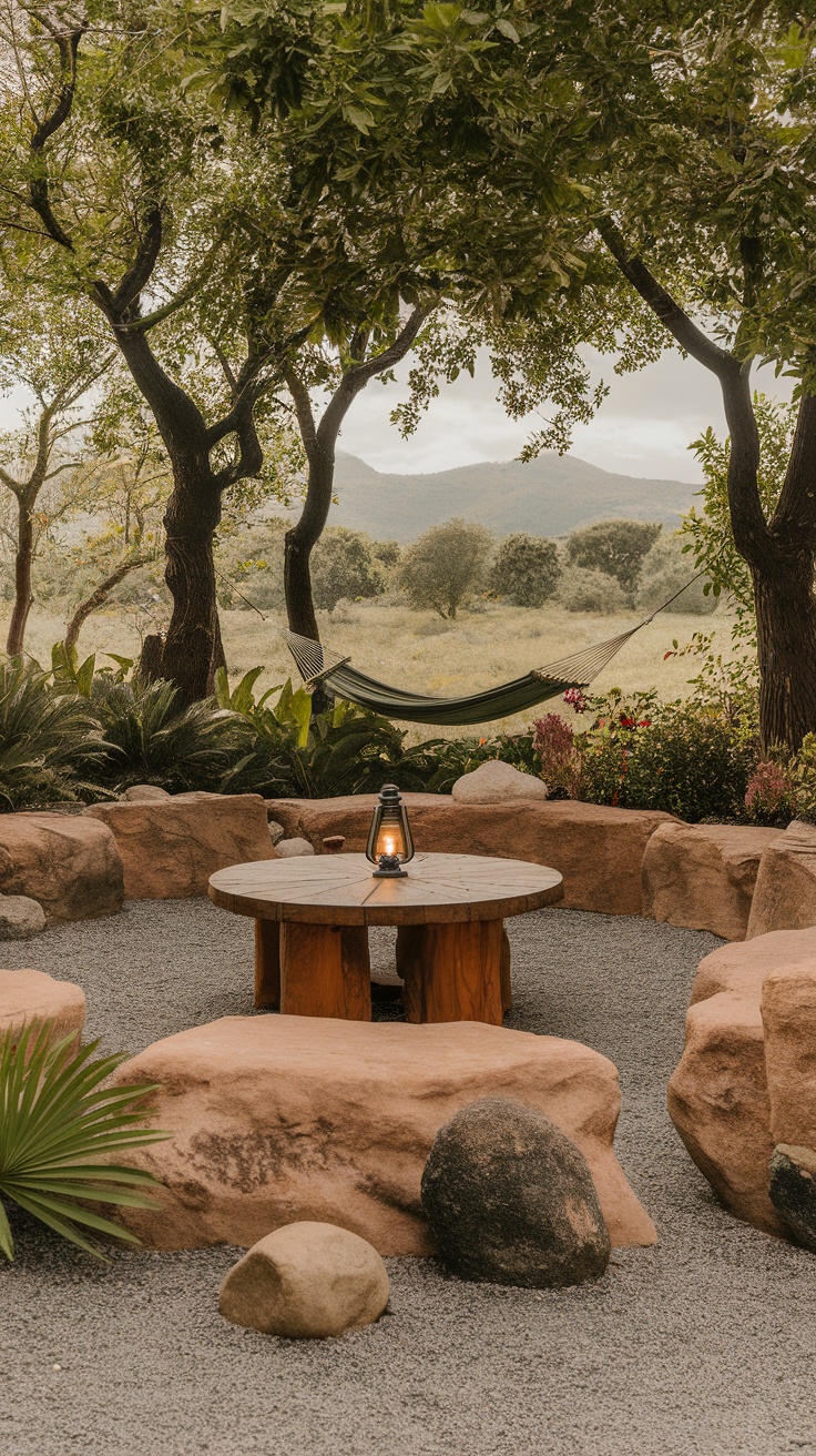 Outdoor seating area with boulders, a wooden table, and a hammock surrounded by trees and plants