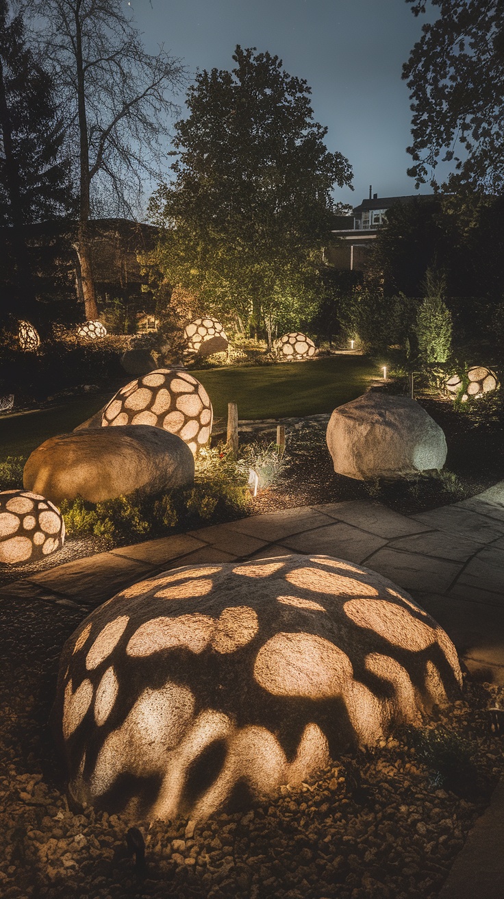 An illuminated garden featuring large boulders casting unique light patterns on the ground.