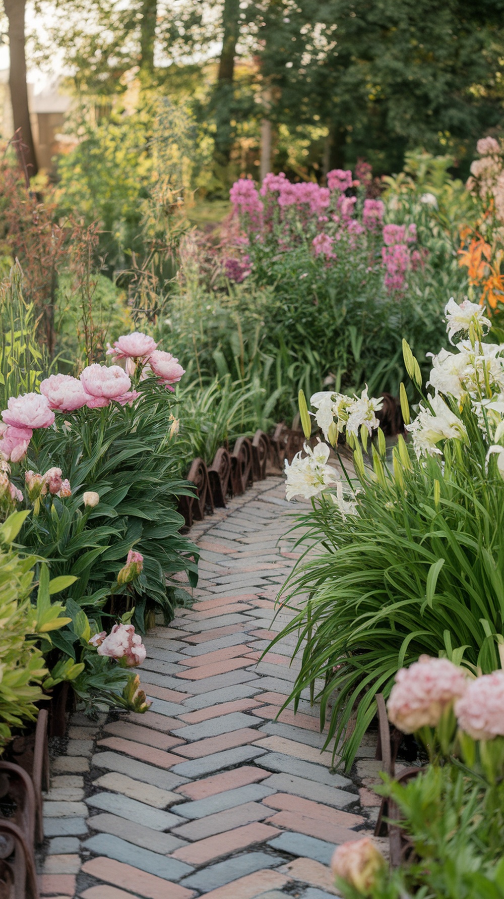 A beautifully paved brick walkway surrounded by colorful flowers in a lush garden.
