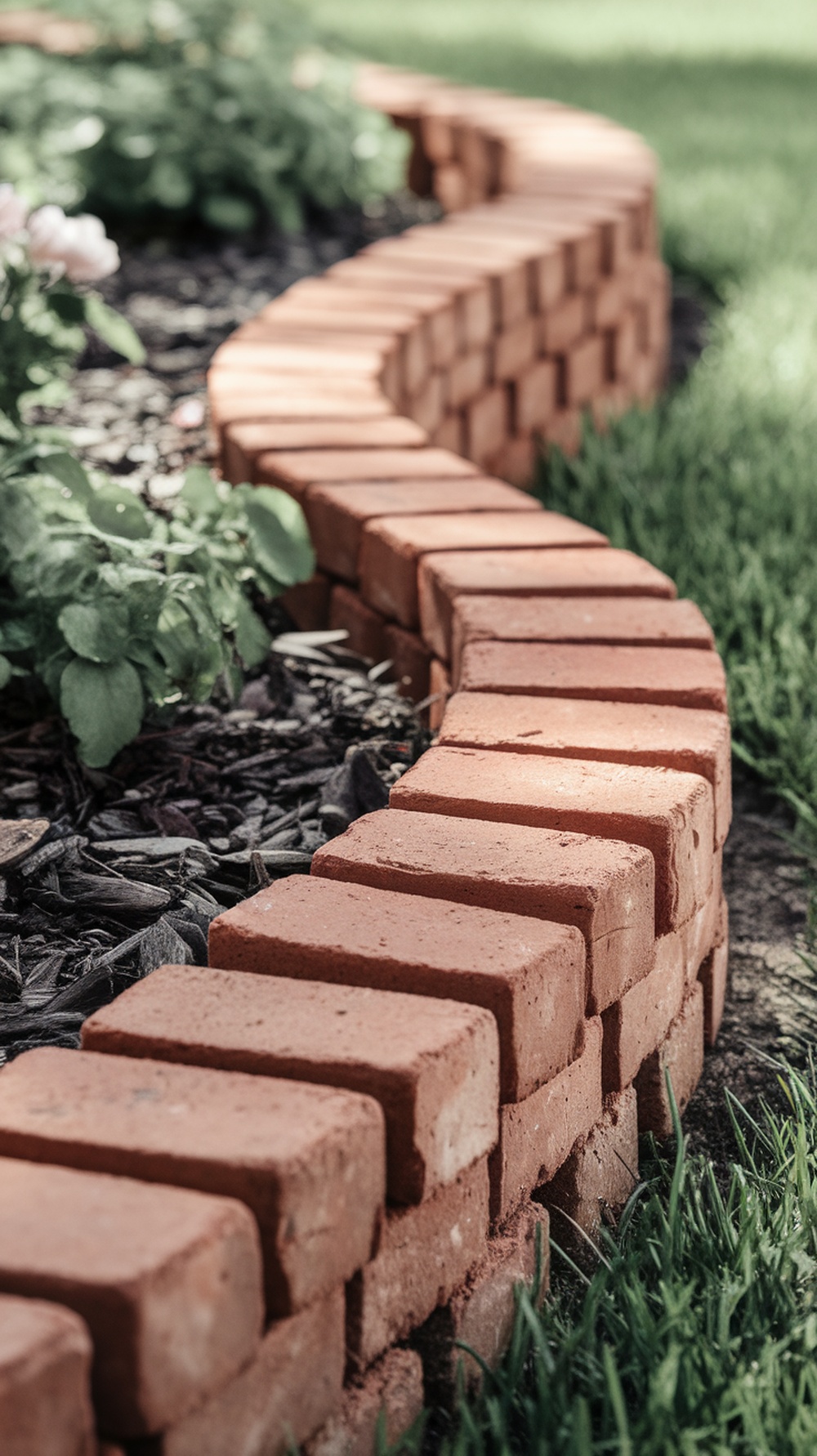 Curved brick border outlining a flower bed in a garden