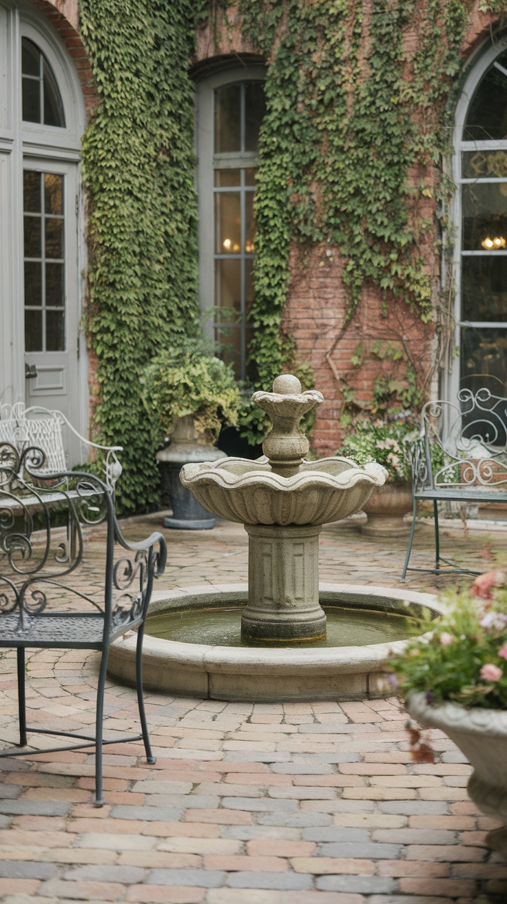 A brick patio featuring a decorative fountain surrounded by greenery and outdoor seating.