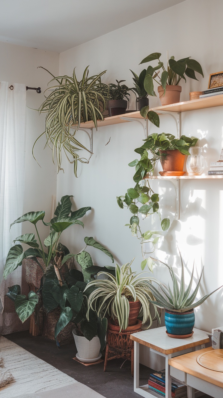 A cozy living room corner filled with various houseplants arranged on shelves and the floor, featuring different pot styles and natural light.