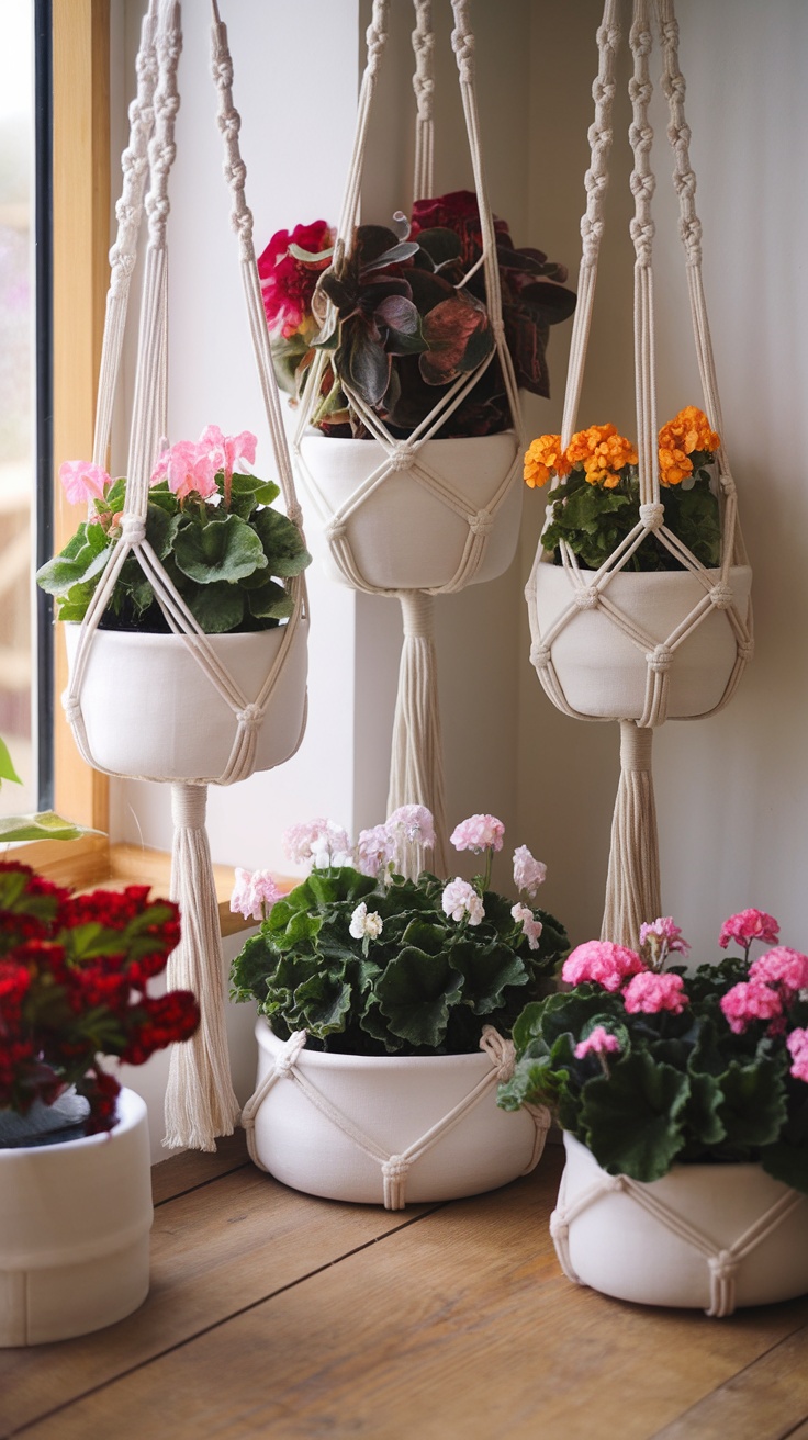 A collection of white macrame plant hangers with colorful flowers, set in a bright corner near a window.