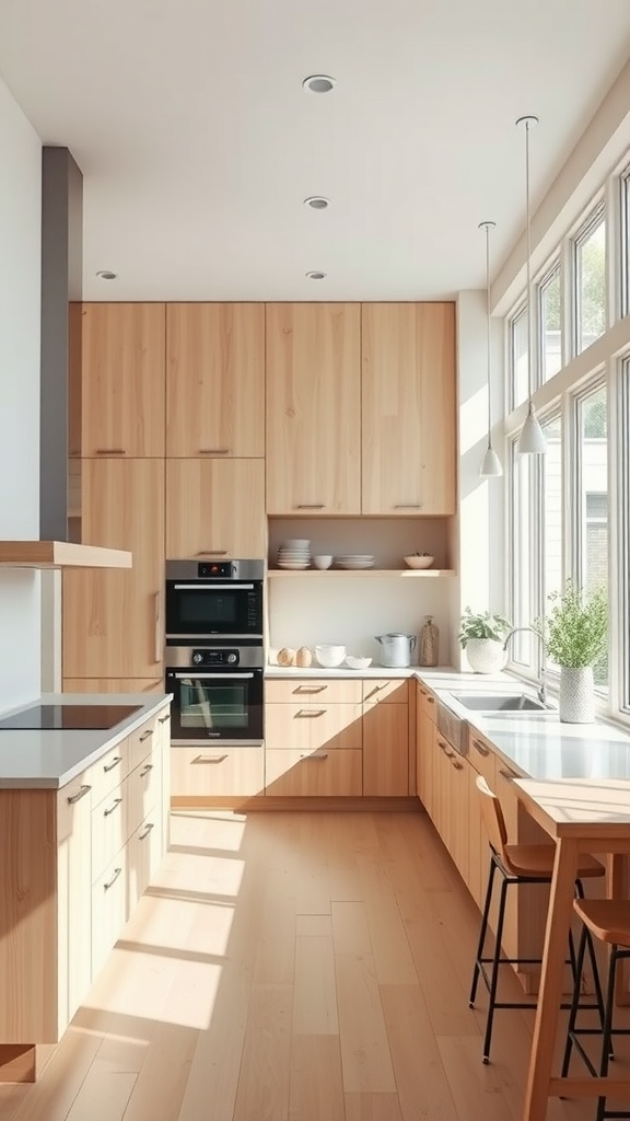 Bright and airy kitchen with light wood cabinetry and large windows