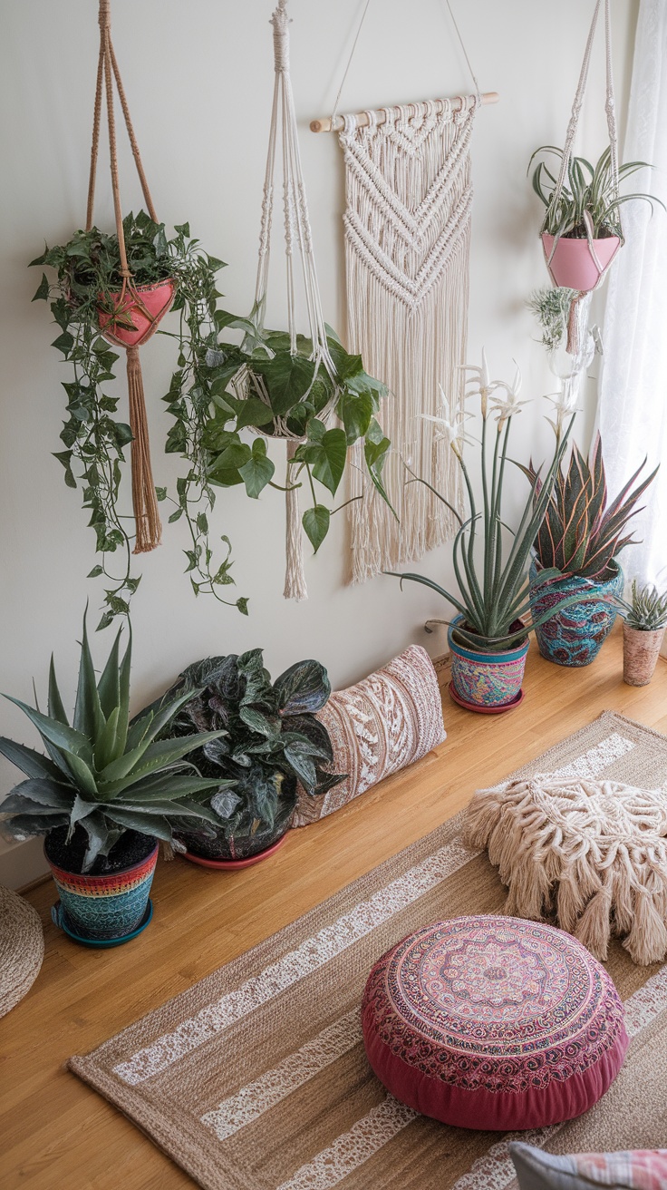 A bohemian living room filled with various indoor plants in colorful pots, hanging planters, and cozy textiles.