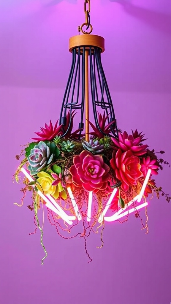 A bright neon succulent chandelier with colorful flowers and glowing lights.