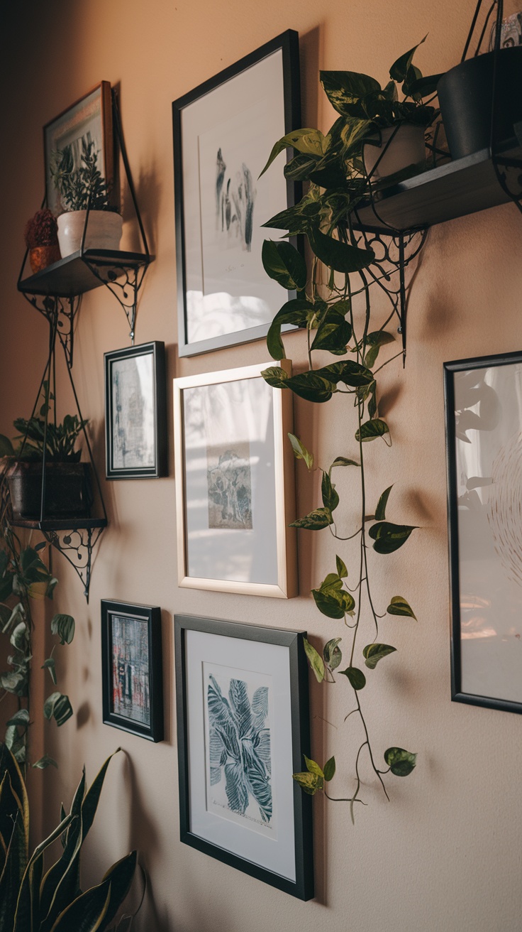 A wall with hanging plants and framed artwork creating a cozy atmosphere