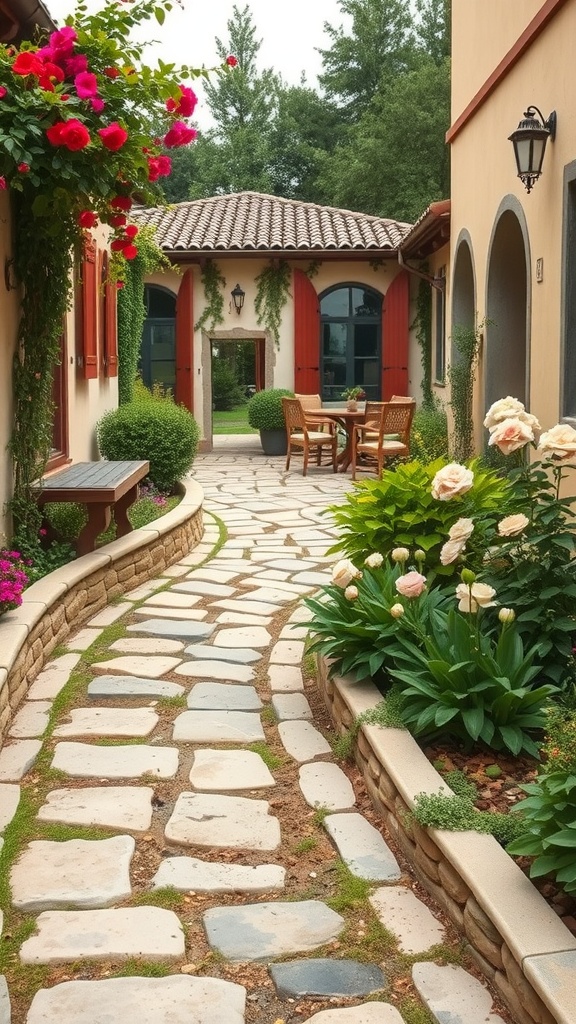 A winding stone pathway surrounded by flowers and greenery, evoking a Mediterranean feel.