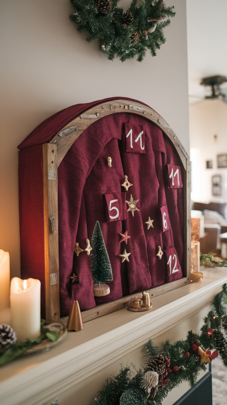 A burgundy advent calendar with decorative pockets and a festive feel, set against a warm, cozy backdrop.