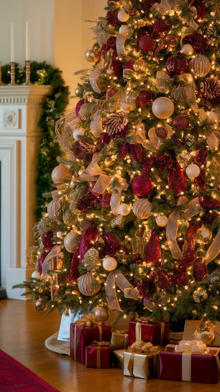 A beautifully decorated Christmas tree with burgundy and gold ornaments, sparkling lights, and wrapped presents underneath.