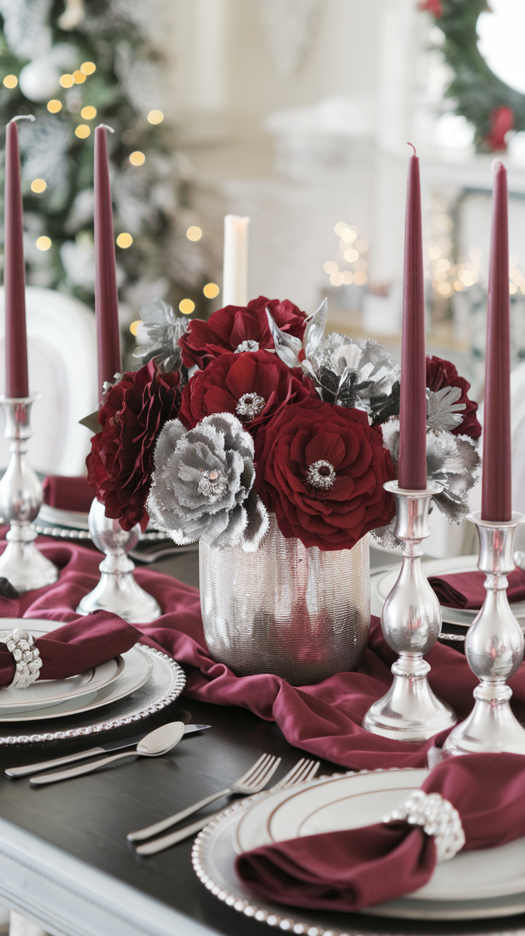 Elegant table setting with burgundy and silver centerpiece, candles, and fine dining ware.