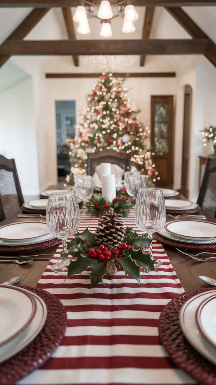 A dining table with a burgundy and white striped table runner, decorated with festive items and a beautifully lit Christmas tree in the background.