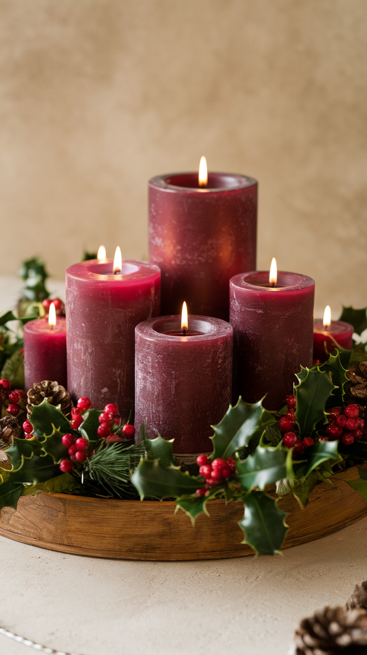 A collection of burgundy candles surrounded by greenery and red berries