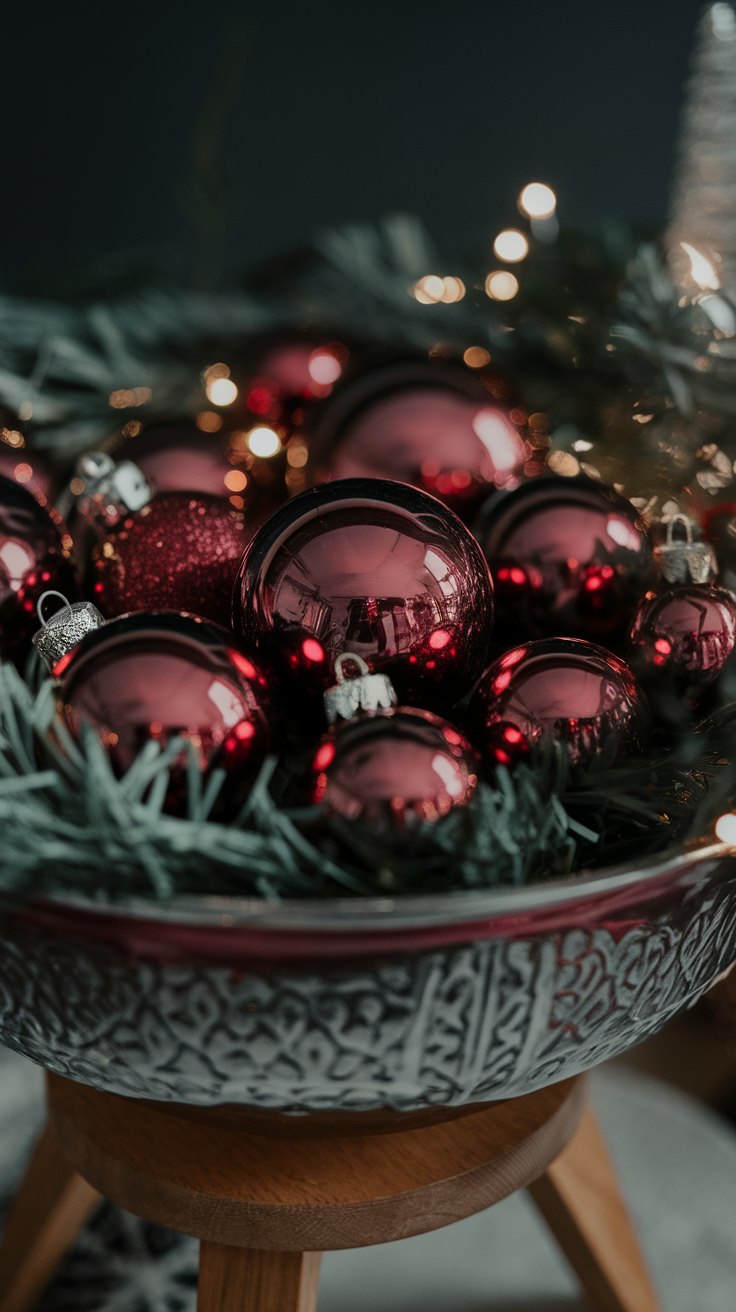 A bowl filled with burgundy Christmas baubles surrounded by green foliage.