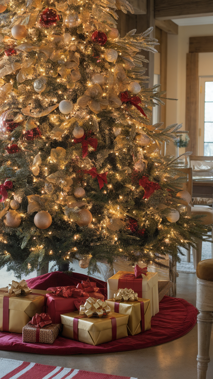 Burgundy Christmas tree skirt under a decorated Christmas tree with presents