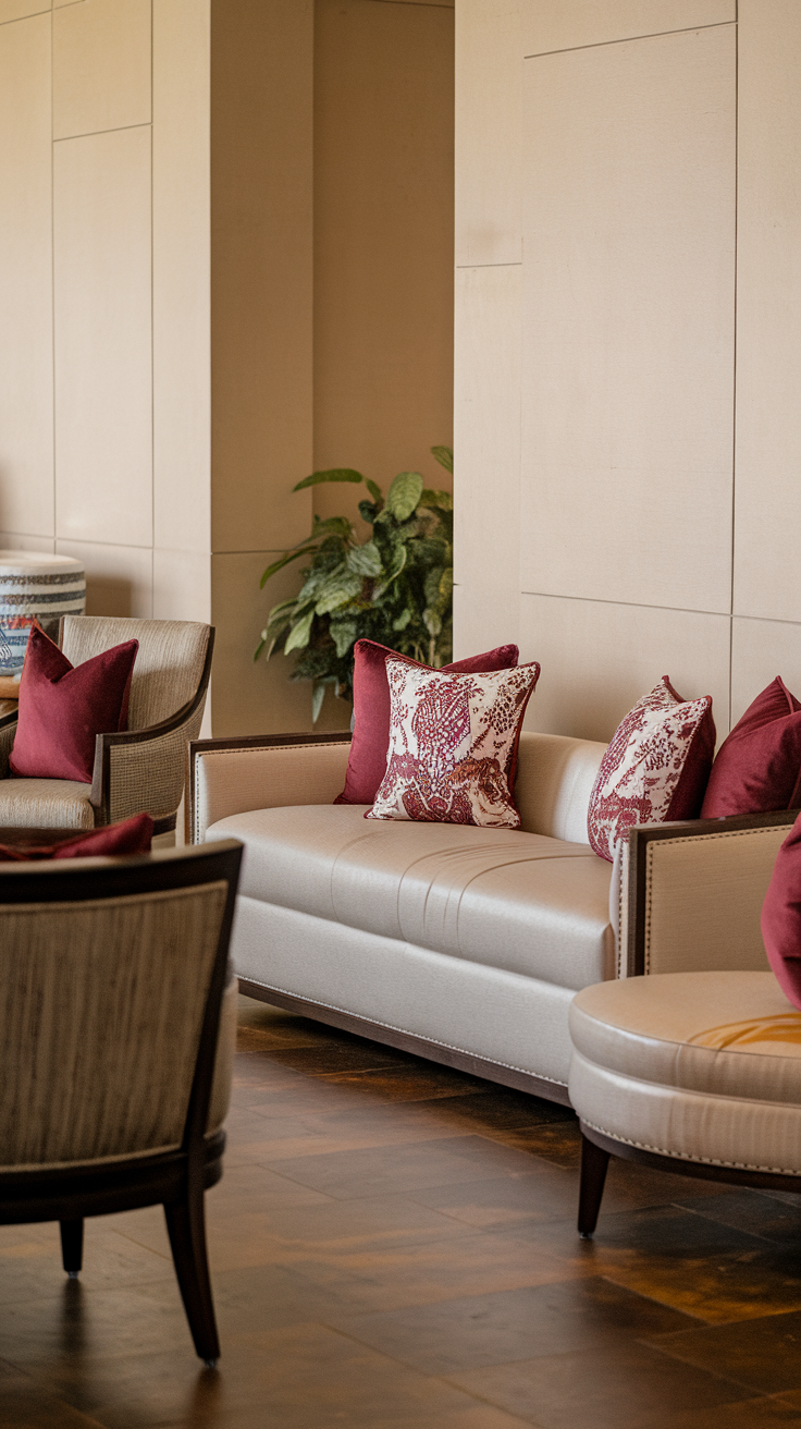 A cozy seating area with burgundy decorative pillows on a light sofa.