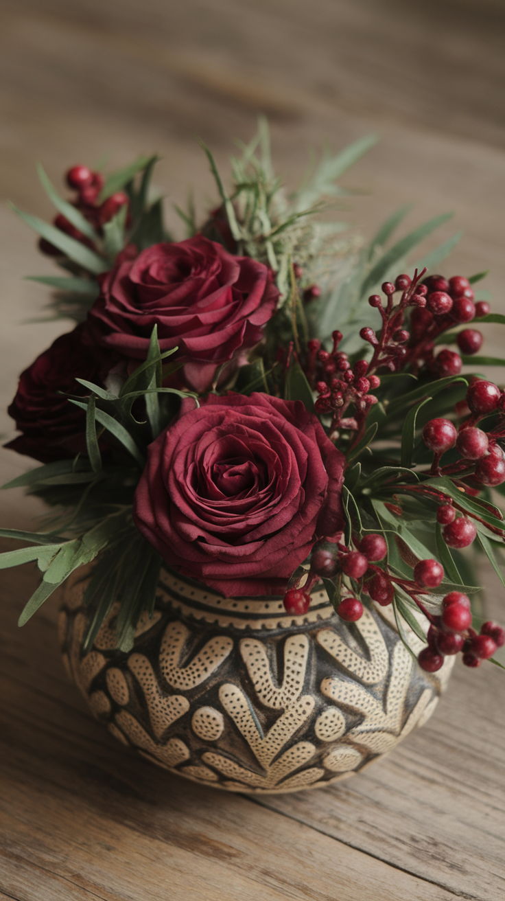 A beautiful burgundy floral arrangement featuring roses and berries in a decorative vase.