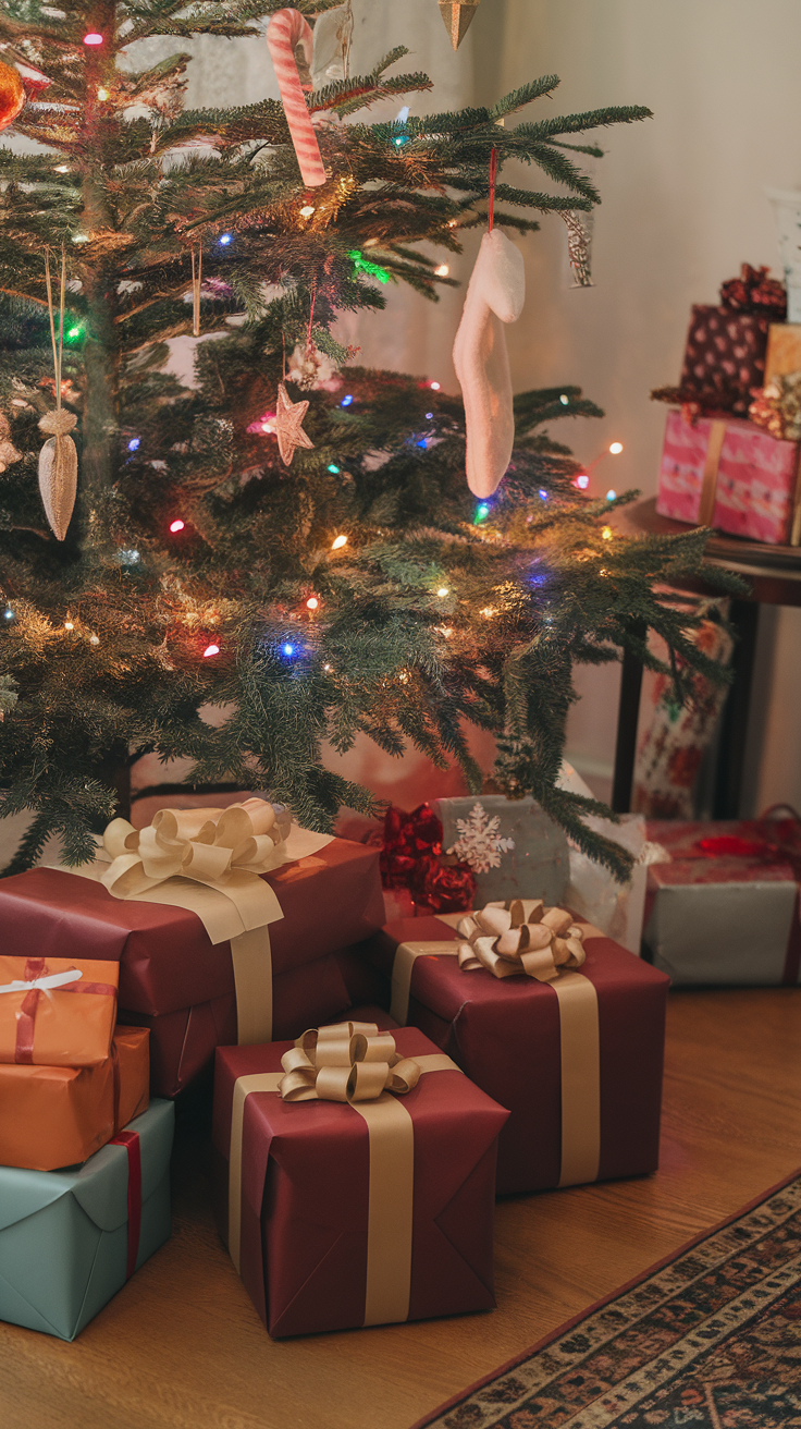 A collection of beautifully wrapped gifts in burgundy and other colors, situated under a decorated Christmas tree.