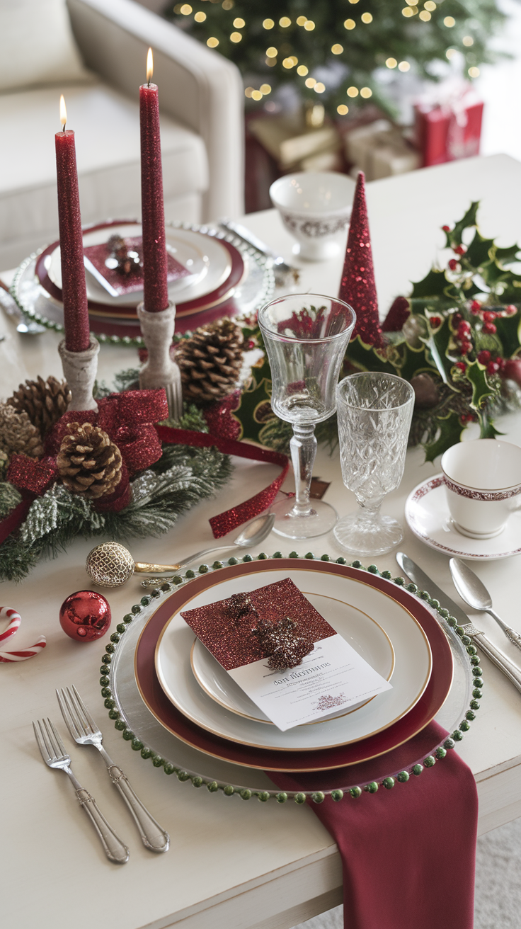 A beautifully set dining table decorated with burgundy glitter accents, including candles and a festive centerpiece.