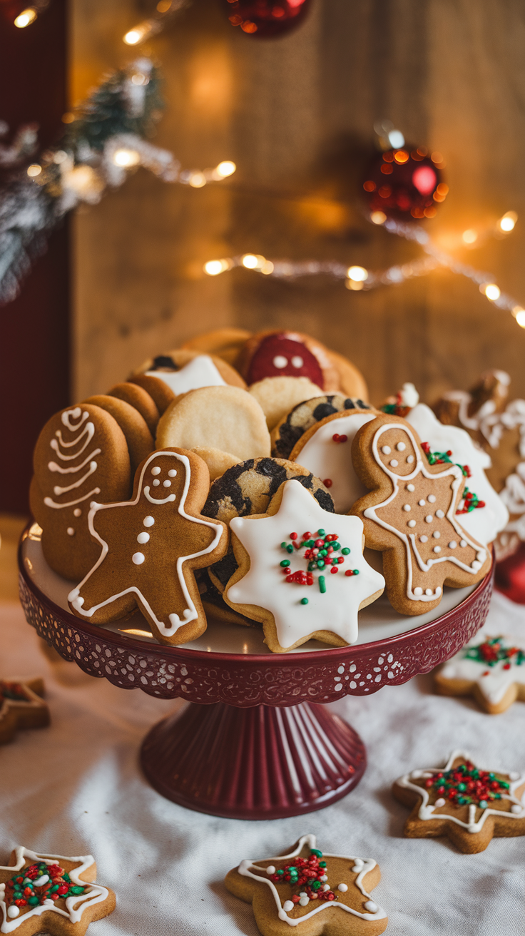 A variety of decorated holiday cookies on a burgundy cake stand, surrounded by festive decorations.