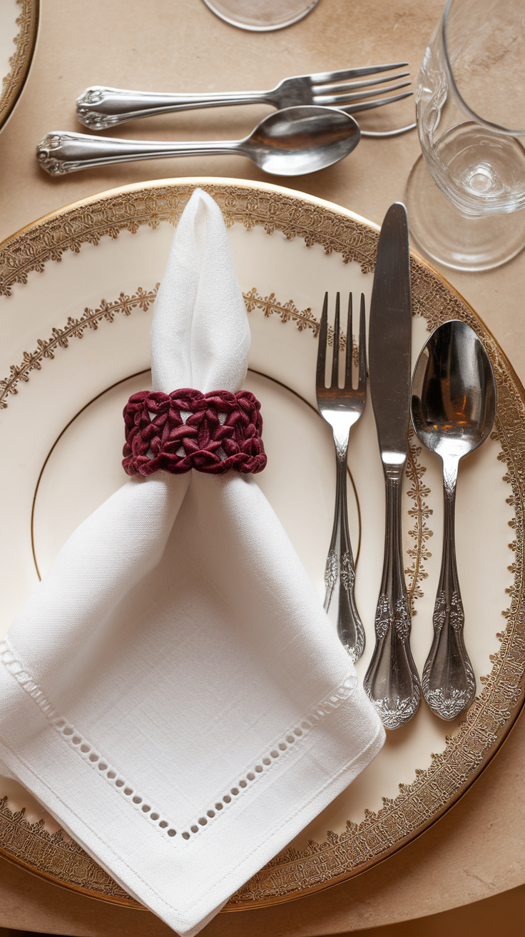 Burgundy napkin ring on a white napkin placed on a decorative plate with silver cutlery