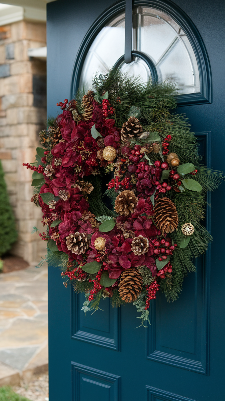 A beautifully crafted burgundy holiday wreath adorned with pinecones and greenery, hanging on a blue front door.