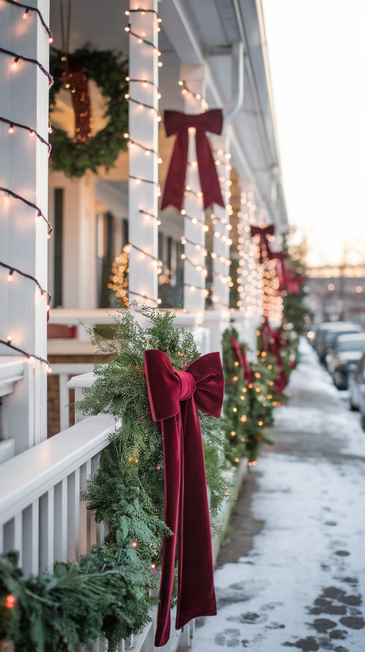 Outdoor decor featuring burgundy ribbons, wreaths, and string lights