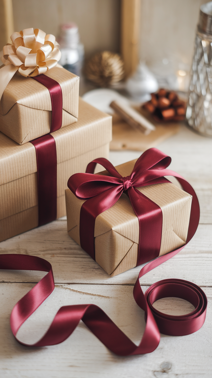 Gift boxes wrapped in brown paper with burgundy ribbons and bows