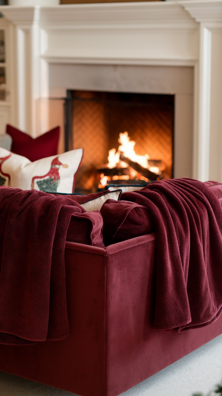 A cozy living room with a burgundy throw blanket draped over a couch, a fireplace in the background.