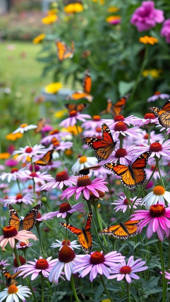 A vibrant garden filled with butterflies and colorful flowers.