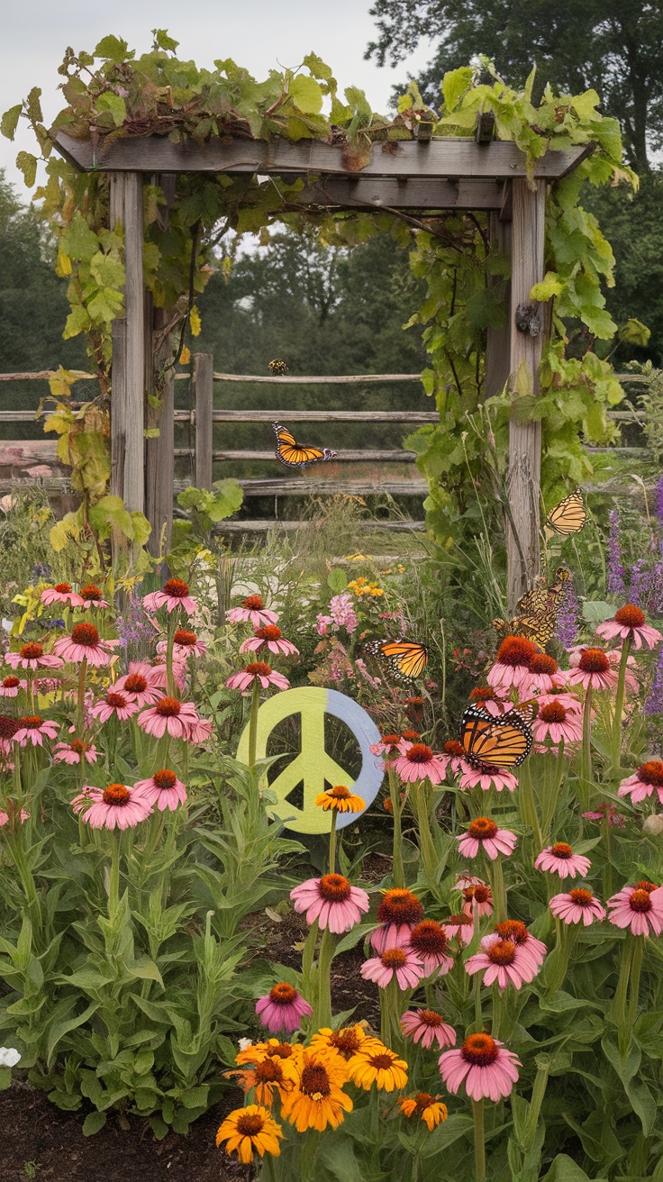 A vibrant garden with flowers and butterflies, featuring a wooden archway covered in vines and a peace symbol.