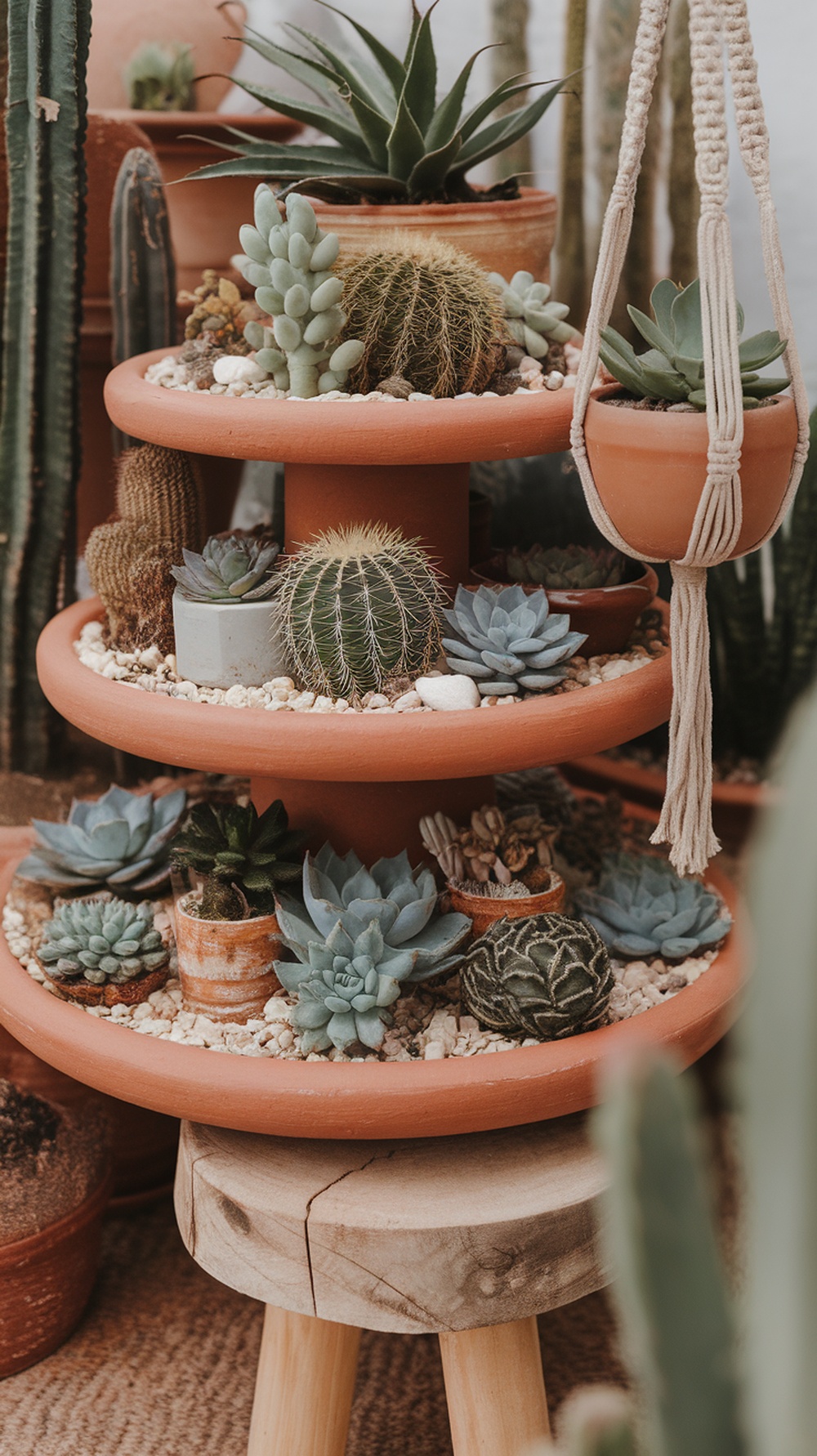 Tiered planter with various cacti and succulents arranged beautifully