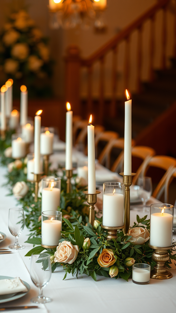 Elegant table setting with white candles and floral arrangements