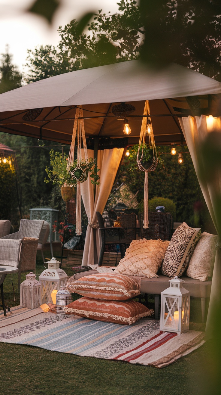 A cozy gazebo decorated in a bohemian style with cushions, plants, and soft lighting.